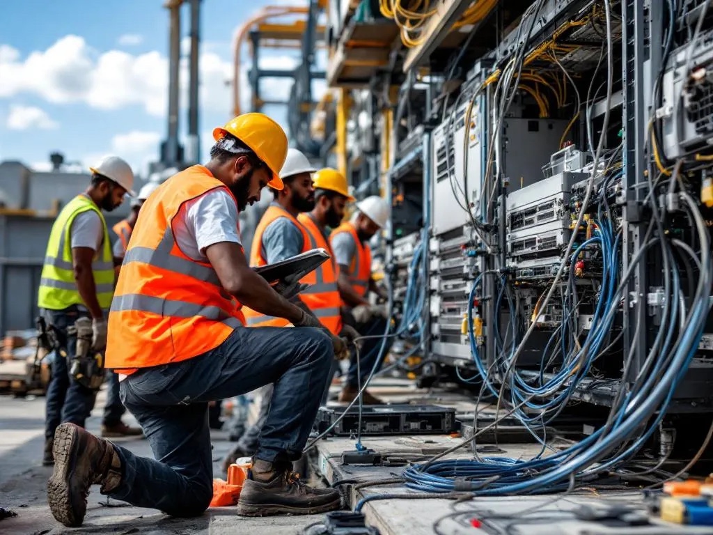 Technicians monitoring security cameras and network dashboards.